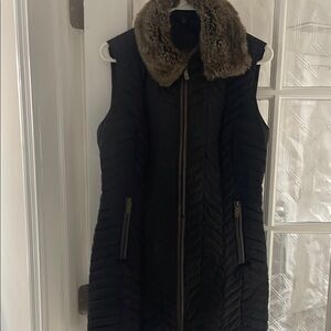 Eddie Bauer Dark Quilted Jacket with Faux Fur Trim